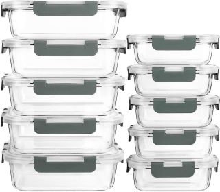 [10-Pack] Glass Meal Prep Containers with Lids, Food Storage Containers with Snap Locking Lids, Airtight Lunch Containers, Microwave, Oven