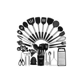 Large Cooking Utensils Set, 35 Pcs Silicone Kitchen Utensils Set with Holder, Stainless Steel Handle Spatula Set