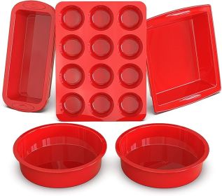 5-Piece Silicone Baking Pans Sets - Nonstick Silicone Bakeware Set with Bread Loaf Pan, Muffin Pan, Square/Round Cake Pan - Oven & Dishwasher Saf