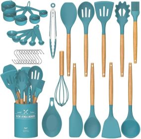 Chef Kitchen Cooking Utensils Set, 33 pcs Non-stick Silicone Utensils Spatula Set with Holder, Silicone Kitchen Gadgets Utensil Set(Dark Blue)