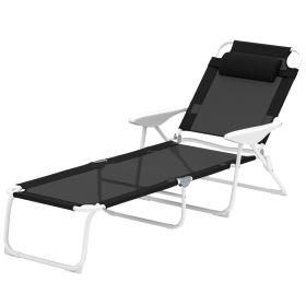Folding Chaise Lounge, Outdoor Sun Tanning Chair, 4-Position Reclining Back, Armrests, Removable Pillow, Black (Option: Black)