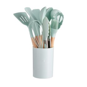 11pcs Wooden Handle Silicone Kitchen Utensils Set Storage Bucket Non-stick Shovel Spoon Cooking Kitchen Utensils 11 Pieces Set Silicone Shovel Sp (Color: Light Green)