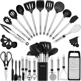 Kitchen Utensil Set-Silicone Cooking Utensils-33 Kitchen Gadgets & Spoons for Nonstick Cookware-Silicone and Stainless Steel Spatula Set-Best Kit (Color: Black)