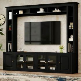 4-Piece Modern Entertainment Center Wall Unit With Bookshelves, All-in-1 Large TV Stand With Tempered Glass Door For TVs Up To 80, 92inch Media C (Option: Black)